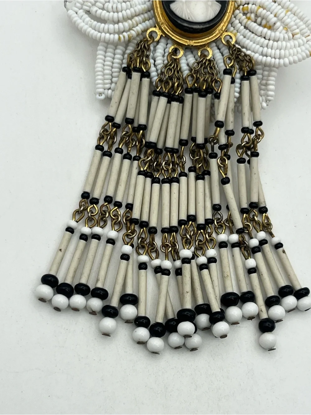 Cameo seed beed tassel oversized brooch pin white gold black vintage